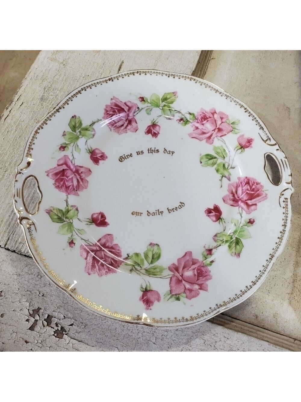 Vtg Victoria Crown Austria floral rose platter Give us this day our daily bread